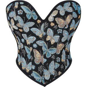 Women Blue Butterfly Pattern Corset Top Floral Bustier Lace Up Boned Bodyshaper
